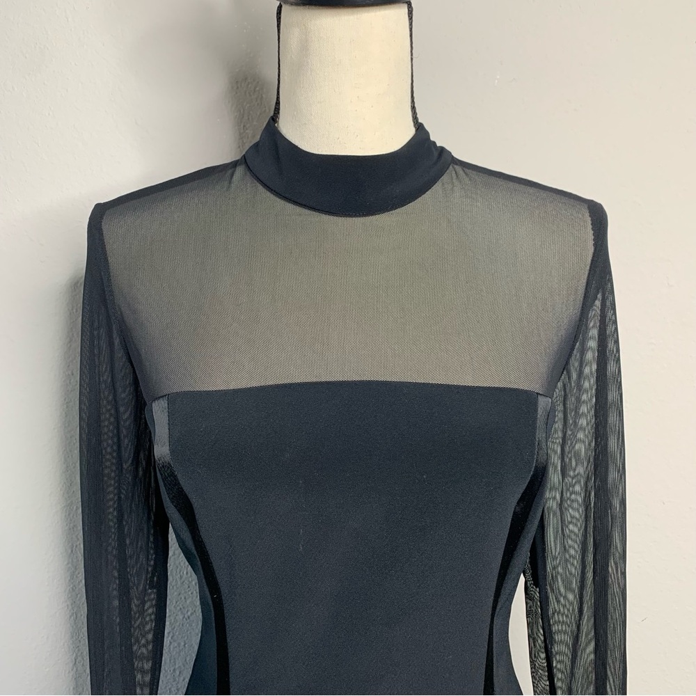 Oleg Cassini Black Sheer Mesh Long Sleeve High Split Maxi Formal Maxi Gown - Picture 6 of 16